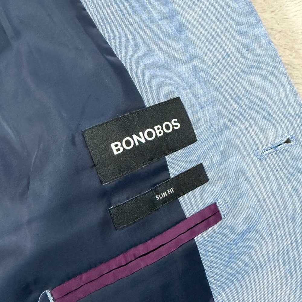 BONOBOS Mens 36S Short Slim Fit Light Blue Cotton Suit Jacket Pants 32x28 Casual - Picture 6 of 16
